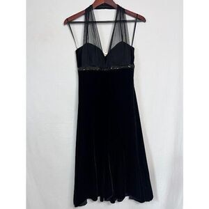 Y2K Vintage Black Stretch Velvet sequin Halter Top Dress Blondie Nites Size 9